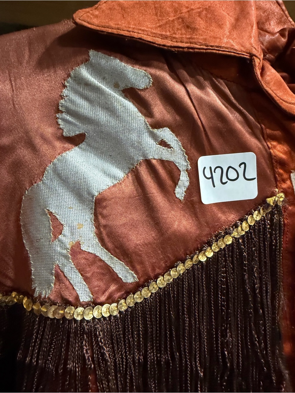 #4202-Rust Orange Western Fringe Men’s Shirt with Horse Motif - Picture 2 of 4